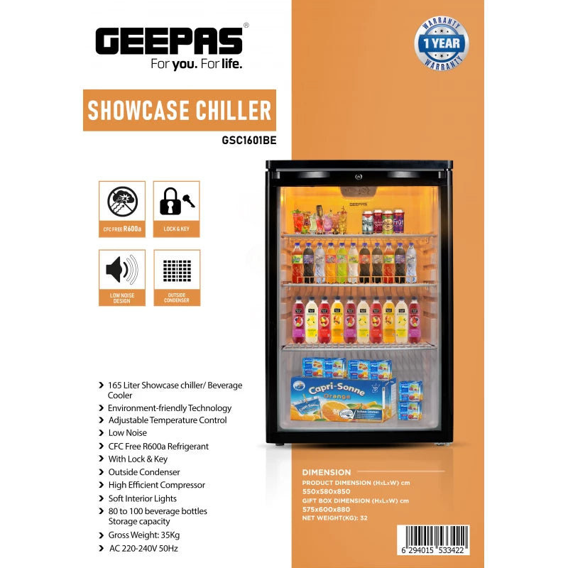 Geepas GSC1601BE 165L Showcase Chiller – CFC-Free R600a, Lock & Key, LED Light, Glass Door | Black