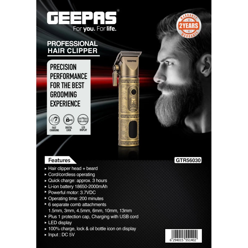 مقص شعر Geepas GTR56030 – شحن لاسلكي، شاشة LED، 6 أمشاط