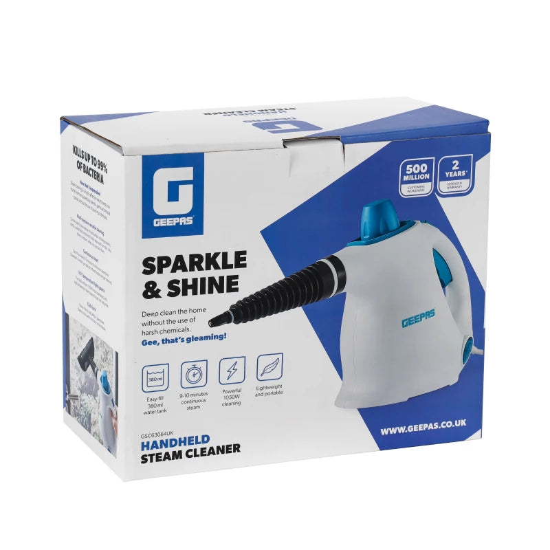Geepas GSC63064UK Handheld Steam Cleaner – 1050W, 380ml Tank, 9 Accessories, 110°C Steam | Blue & White