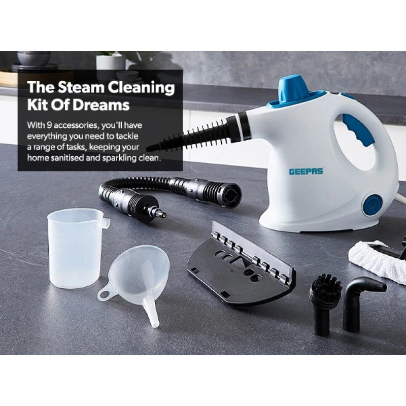 Geepas GSC63064UK Handheld Steam Cleaner – 1050W, 380ml Tank, 9 Accessories, 110°C Steam | Blue & White