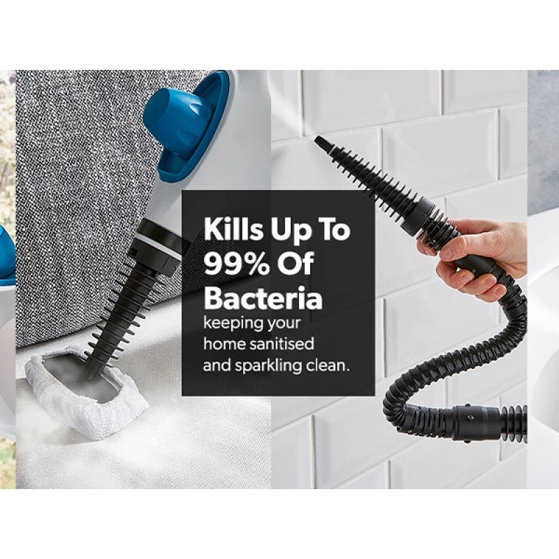 Geepas GSC63064UK Handheld Steam Cleaner – 1050W, 380ml Tank, 9 Accessories, 110°C Steam | Blue & White