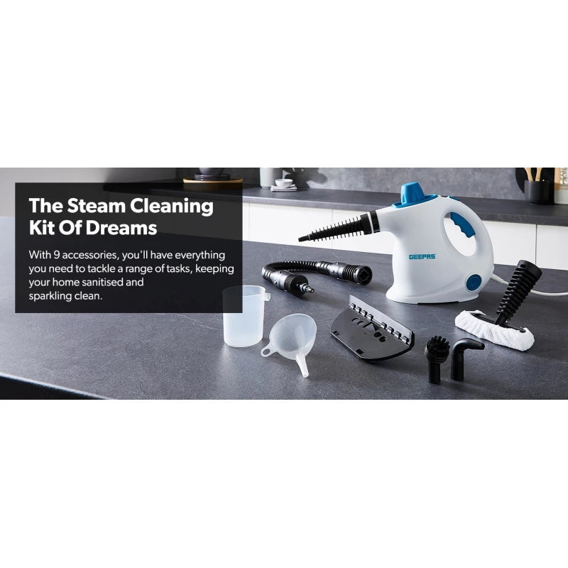 Geepas GSC63064UK Handheld Steam Cleaner – 1050W, 380ml Tank, 9 Accessories, 110°C Steam | Blue & White