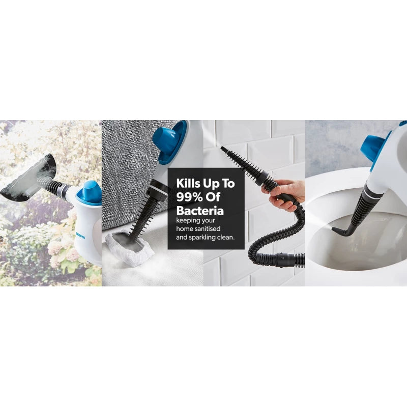 Geepas GSC63064UK Handheld Steam Cleaner – 1050W, 380ml Tank, 9 Accessories, 110°C Steam | Blue & White