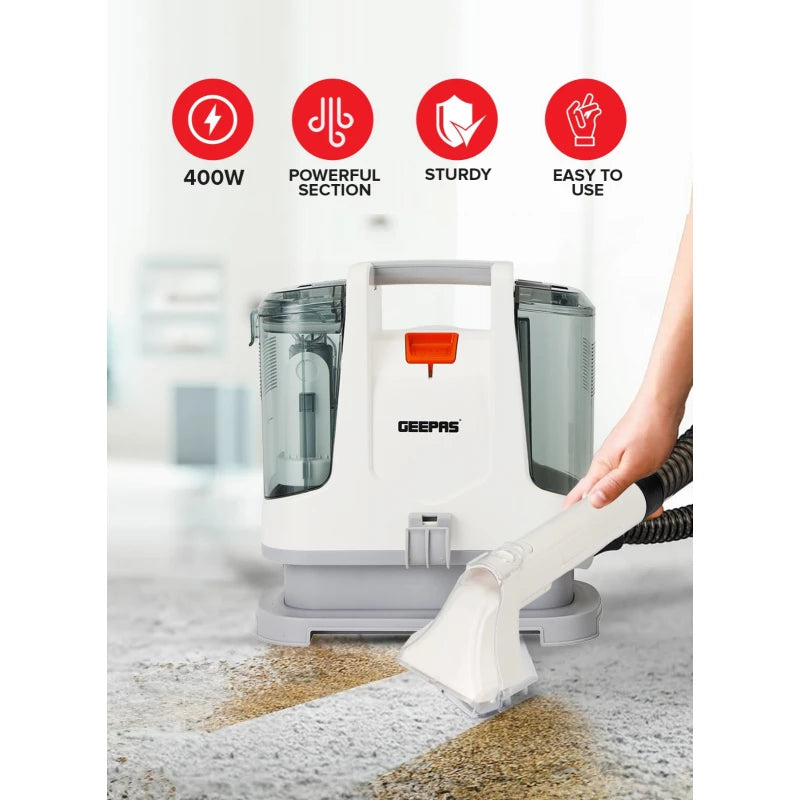 Geepas GSC19051 Portable Spot Cleaner – 400W, Dual Tank, 2 Cleaning Heads | Carpets & Upholstery | White