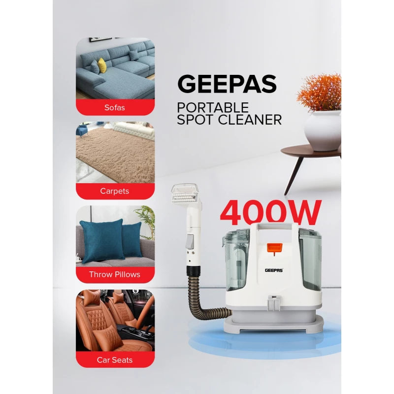 Geepas GSC19051 Portable Spot Cleaner – 400W, Dual Tank, 2 Cleaning Heads | Carpets & Upholstery | White