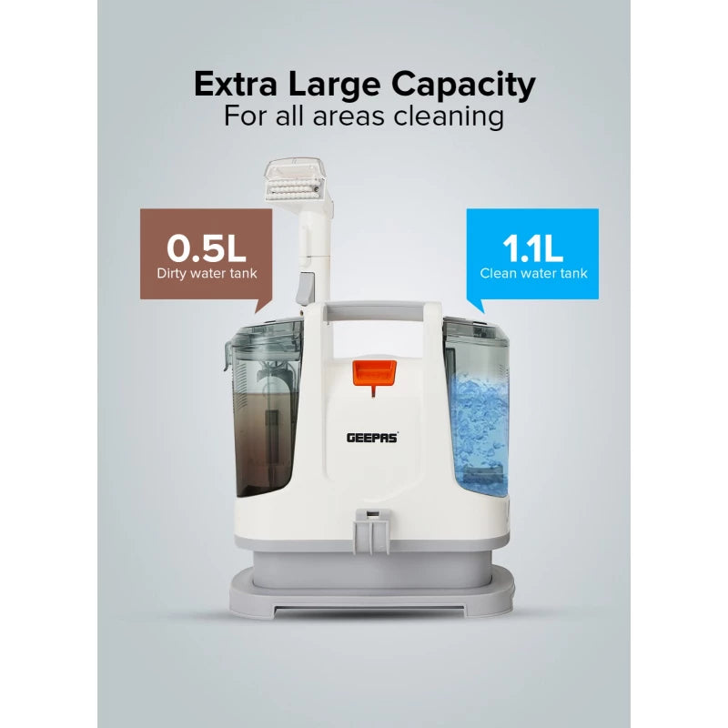 Geepas GSC19051 Portable Spot Cleaner – 400W, Dual Tank, 2 Cleaning Heads | Carpets & Upholstery | White