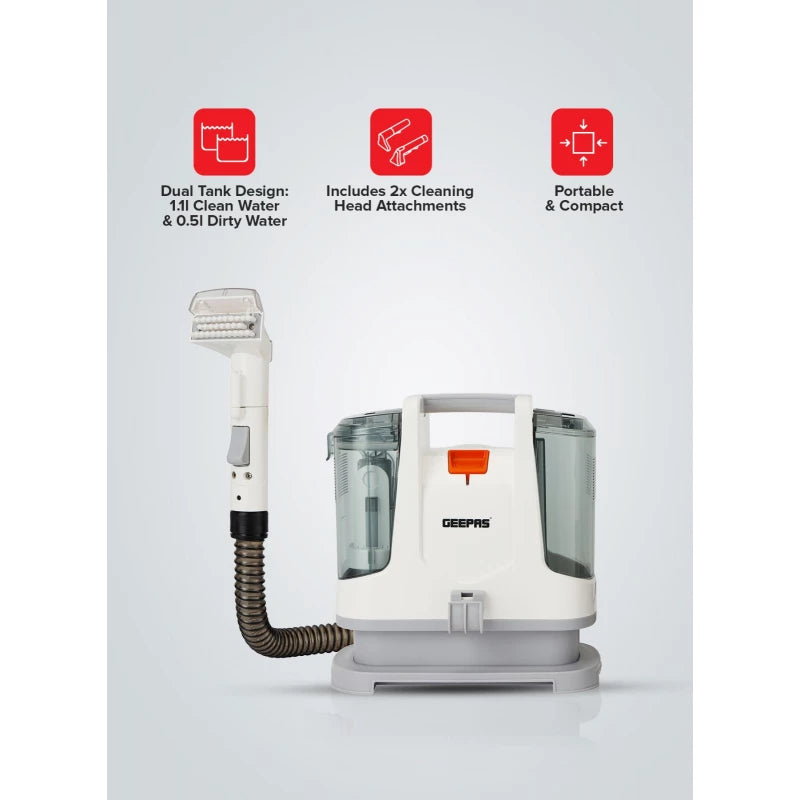 Geepas GSC19051 Portable Spot Cleaner – 400W, Dual Tank, 2 Cleaning Heads | Carpets & Upholstery | White