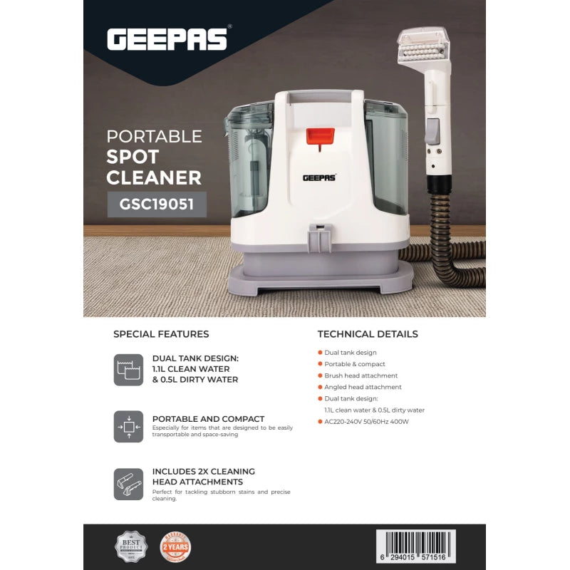 Geepas GSC19051 Portable Spot Cleaner – 400W, Dual Tank, 2 Cleaning Heads | Carpets & Upholstery | White