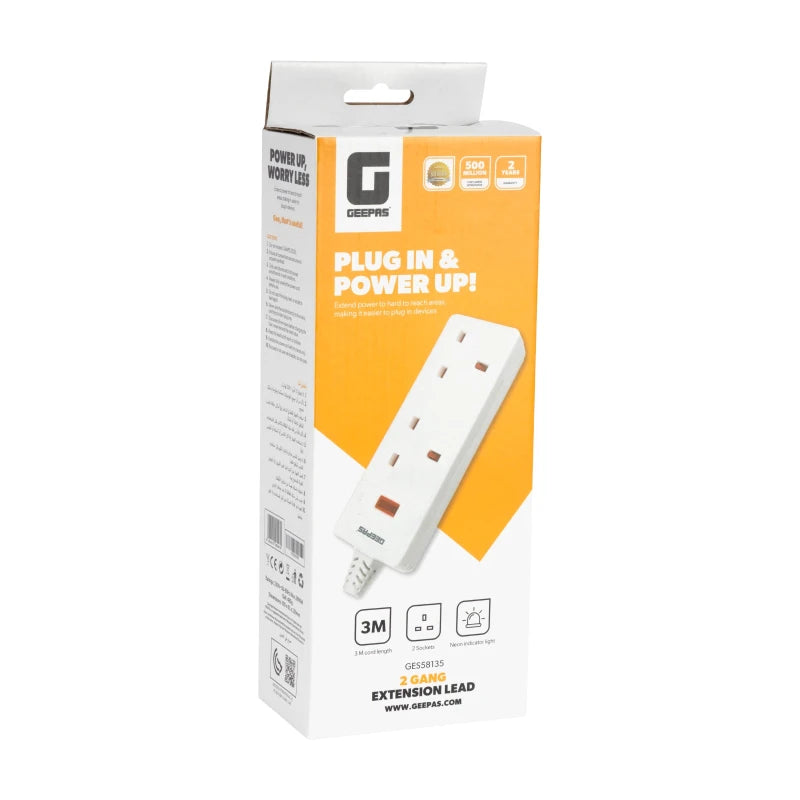 Geepas 2-Gang Extension Lead, 2990W, 2m Cable GES58135