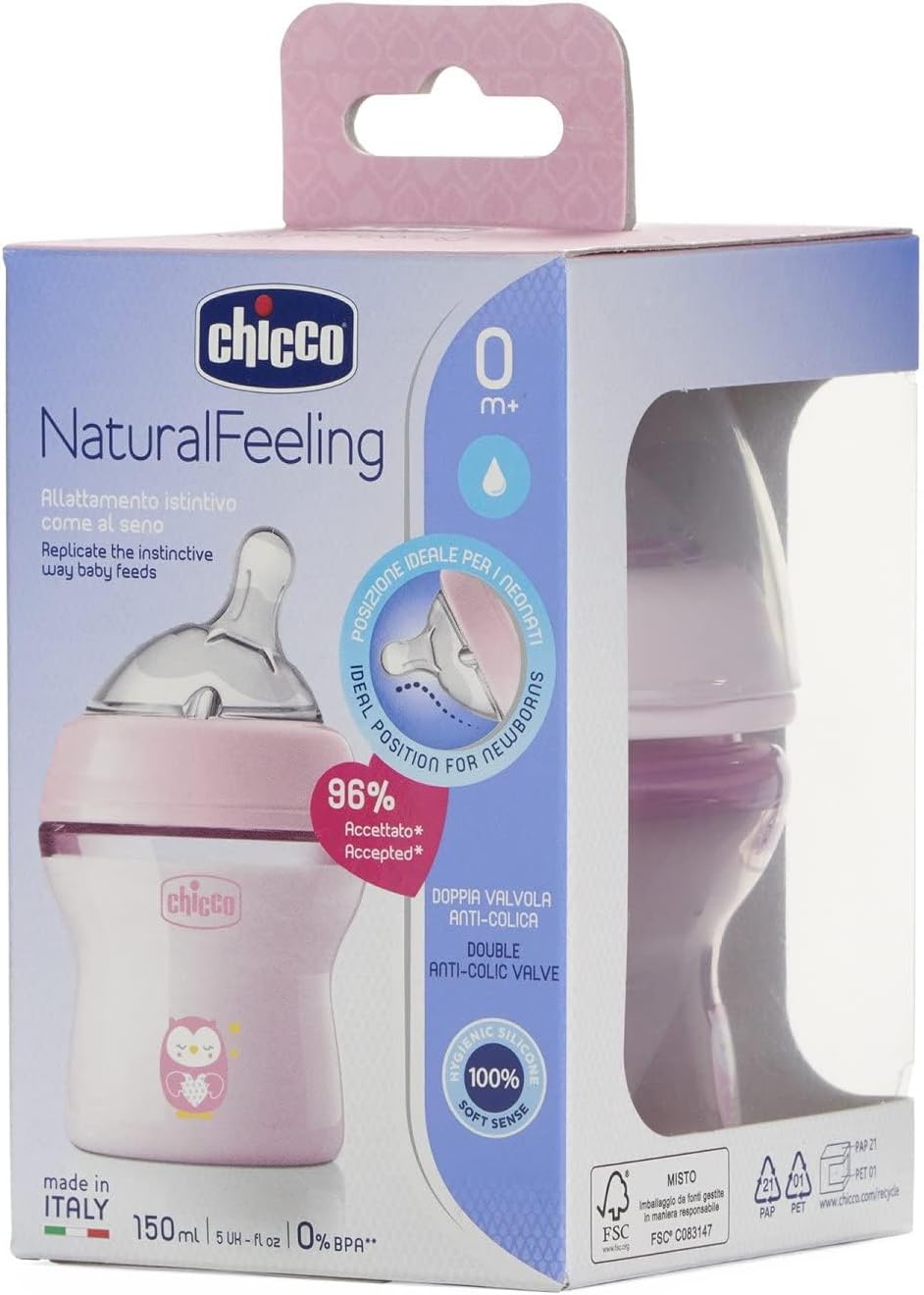 Chicco Natural Feeling Bottle 150ml Anti-Colic 0M+ - Pink Chicco Natural Feeling Bottle 150ml Anti-Colic 0M+ - Pink