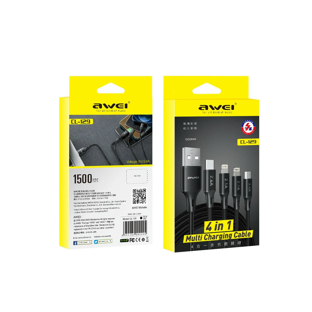 Awei Multi USB 4 in 1 Data Cable 2.4A Fast - Black
