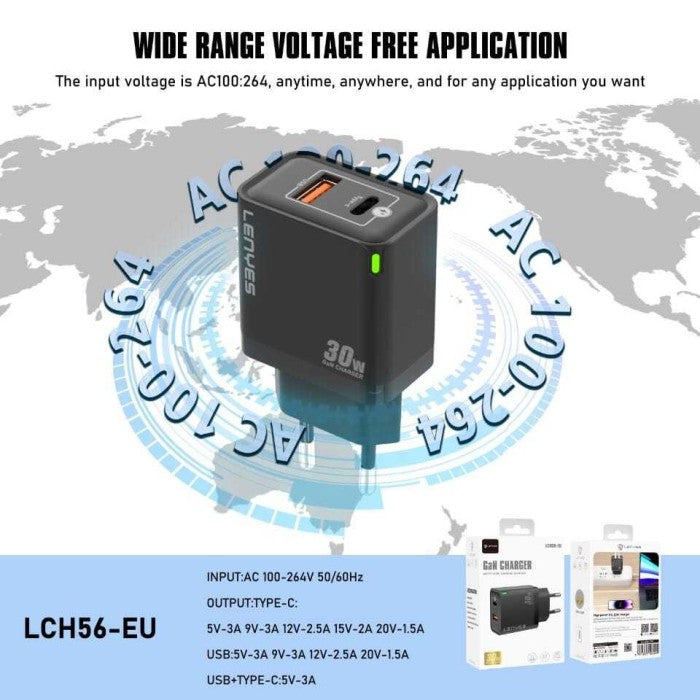 Lenyes LCH56 GaN 30W Charger - Fast Charging USB + Type-C Lenyes LCH56 GaN 30W Charger - Fast Charging USB + Type-C