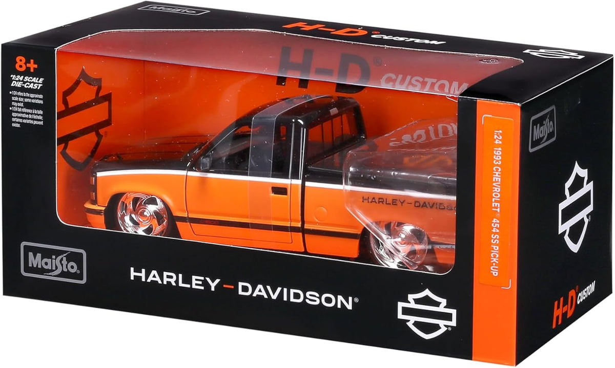Maisto 1:24 1993 Chevrolet 454 SS Pick-Up Harley-Davidson Orange Black Die-Cast Motorcycle – 1:24 Scale