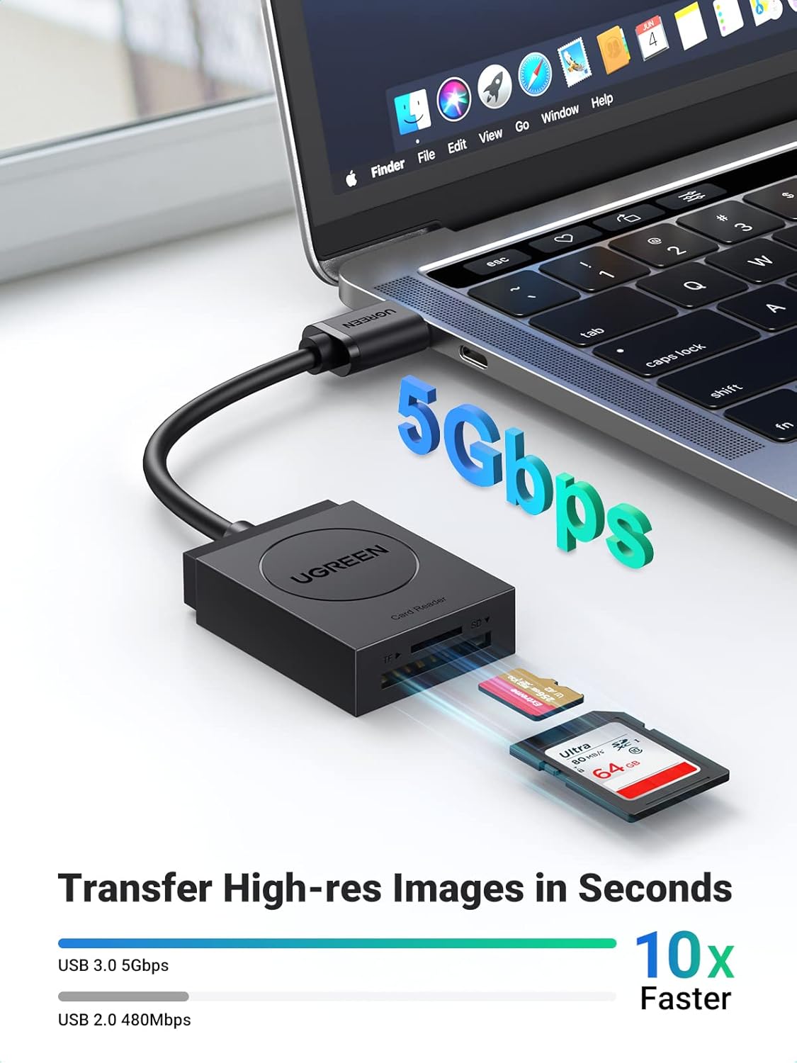 UGREEN USB 3.0 Dual SD/TF Card Reader with 6" Cord – 5Gbps, 2TB Support