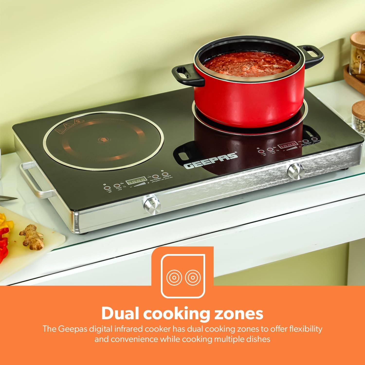 Geepas GIC6131N Digital Infrared Cooker 3000W Double Hob | Touch & Knob Control