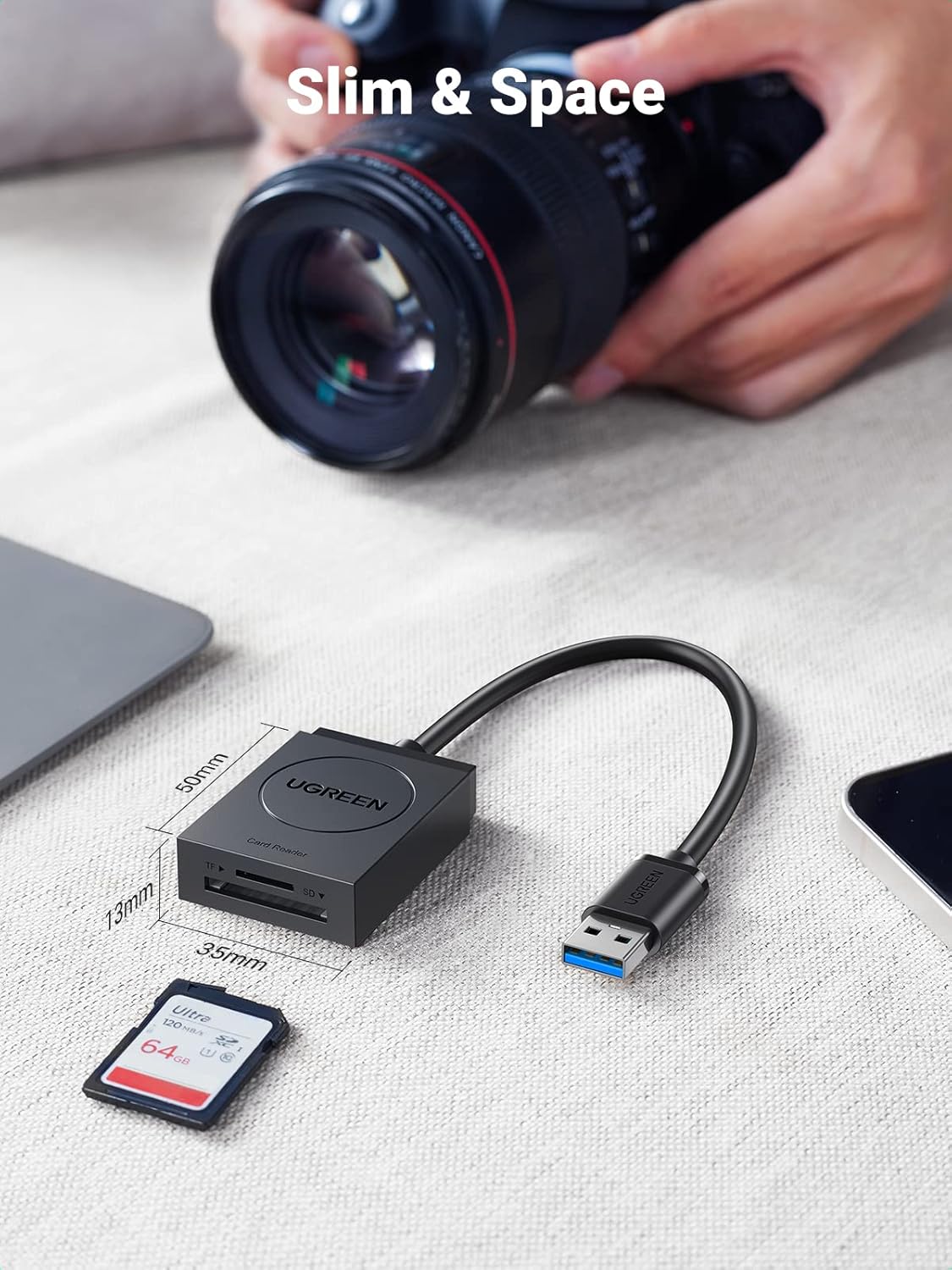 UGREEN قارئ كروت USB 3.0 مزدوج بسلك 6 إنش – يدعم حتى 2TB