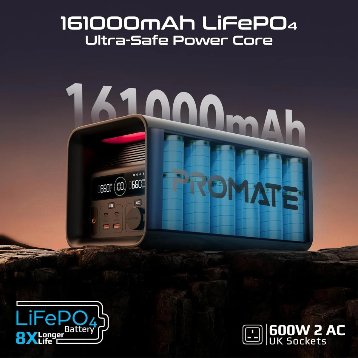 Promate PowerTank-600 Portable Power Station 600W, 161000mAh LiFePO4 Battery