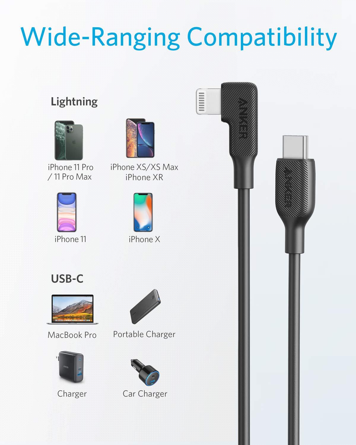 Anker PowerLine C to Right Angle Lightning cable 6ft - Black