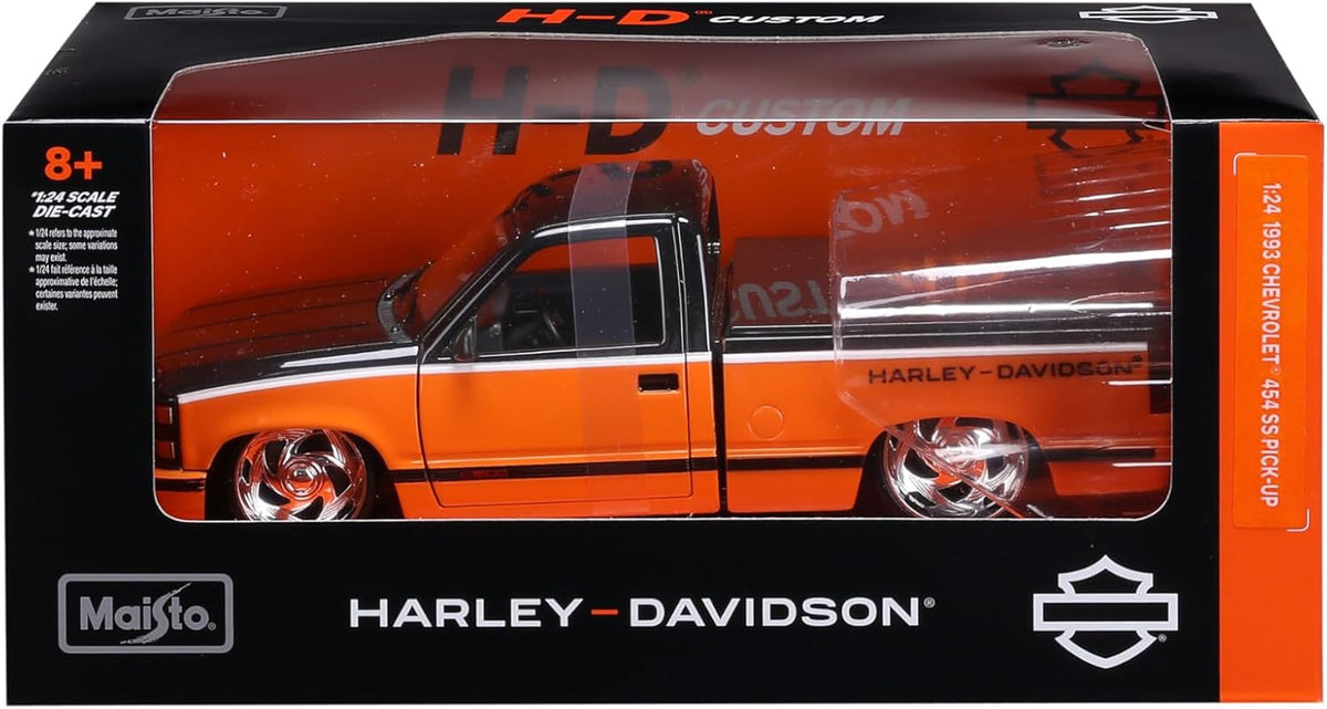 Maisto 1:24 1993 Chevrolet 454 SS Pick-Up Harley-Davidson Orange Black Die-Cast Motorcycle – 1:24 Scale