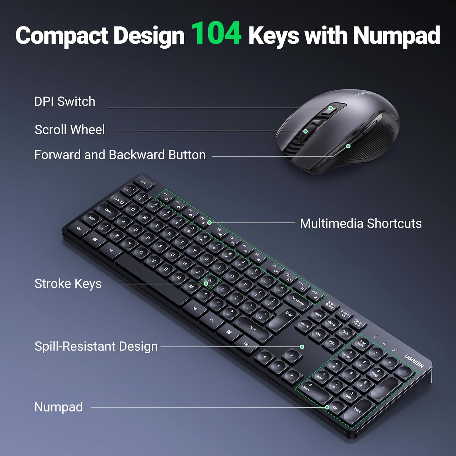 UGREEN MK006 Wireless Keyboard & Ergonomic Mouse Combo, Black