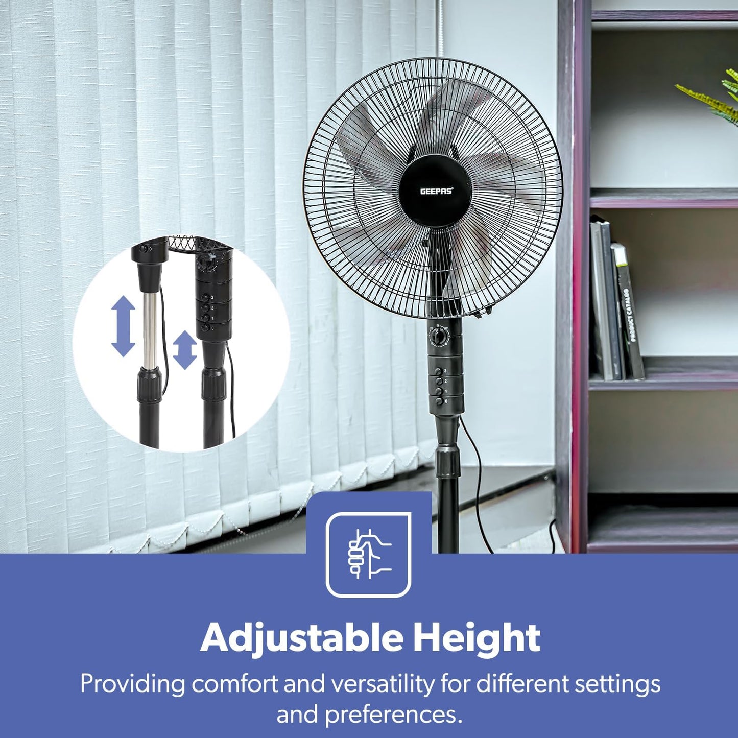Geepas 16-Inch Stand Fan 3 Speeds Adjustable Height & Timer