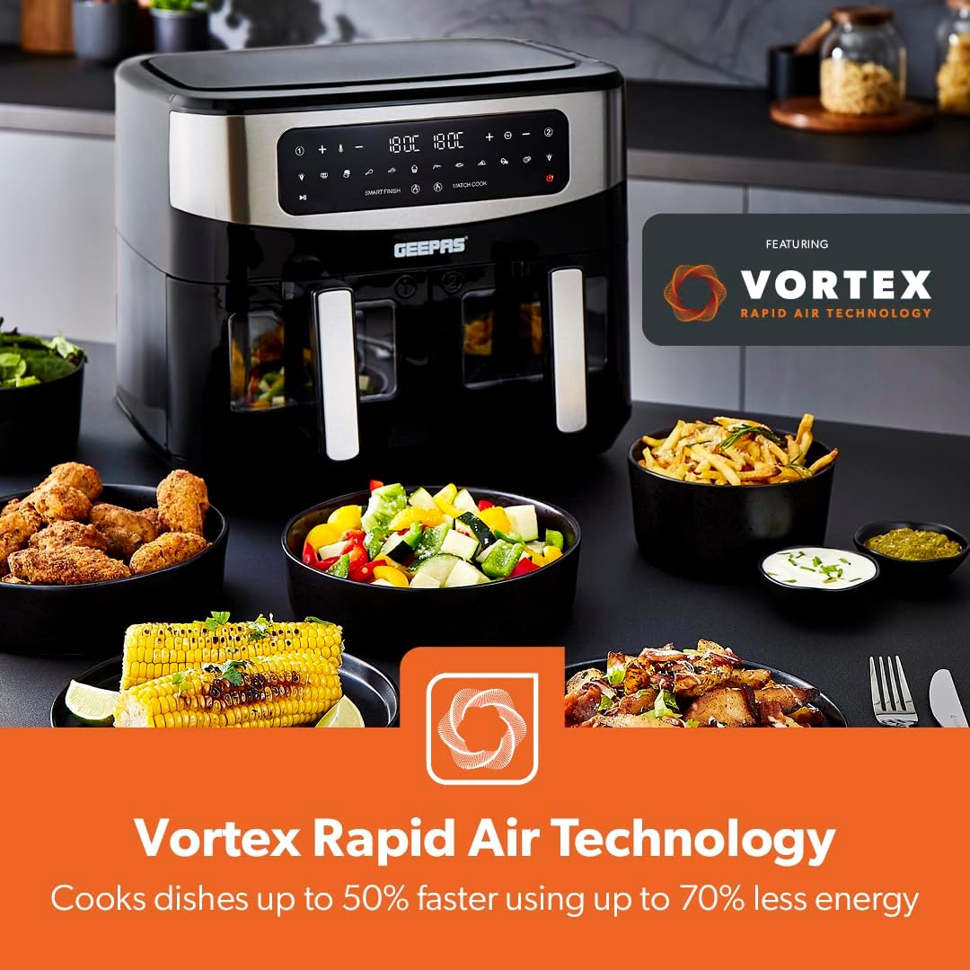 Geepas 9L Dual Basket Digital Air Fryer VORTEX Technology