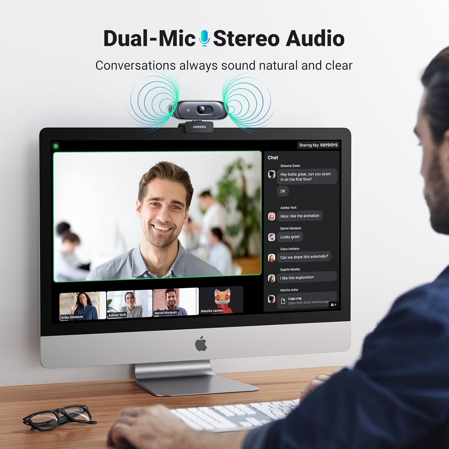 كاميرا UGREEN 2K ويب مع ميكروفون مزدوج وضبط تلقائي