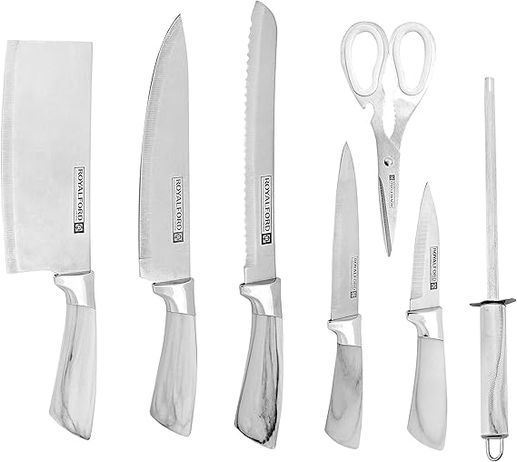 Royalford 8-Piece Knife Set with Rotating Stand – White Royalford 8-Piece Knife Set with Rotating Stand – White