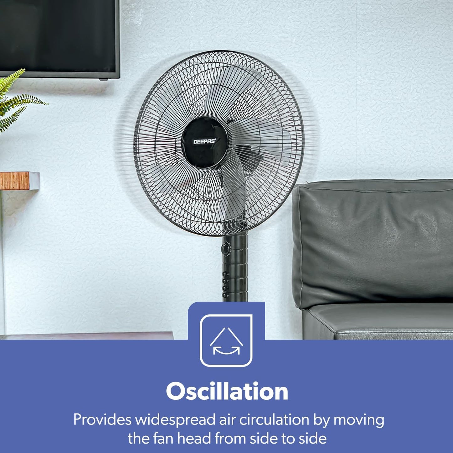 Geepas 16-Inch Stand Fan 3 Speeds Adjustable Height & Timer