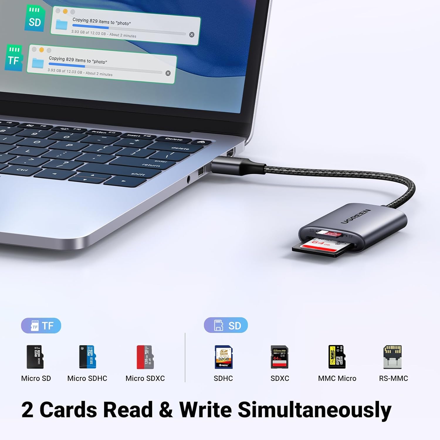 UGREEN USB 3.0 Aluminum SD/MicroSD Card Reader – Dual Slot, 5Gbps