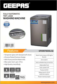 غسالة Geepas أوتوماتيك 7 كجم تحميل علوي – GFWM7800LCQ