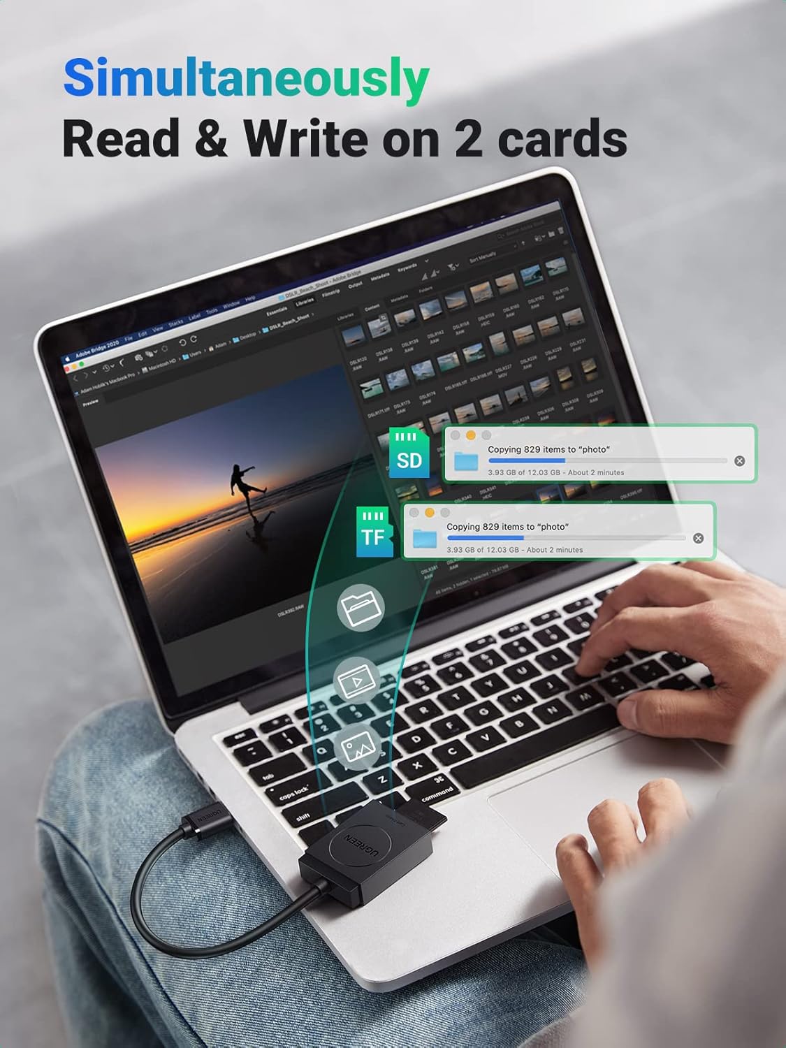 UGREEN USB 3.0 Dual SD/TF Card Reader with 6" Cord – 5Gbps, 2TB Support