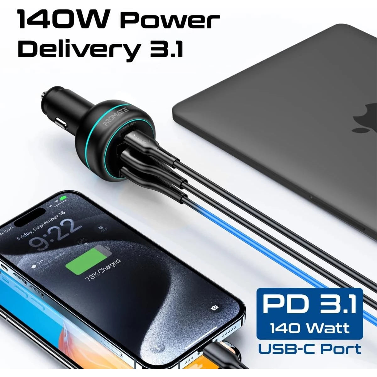 شاحن سيارة سريع الشحن Promate POWERDRIVE-230 بقوة 230 واط مزود بمنفذي PD و QC