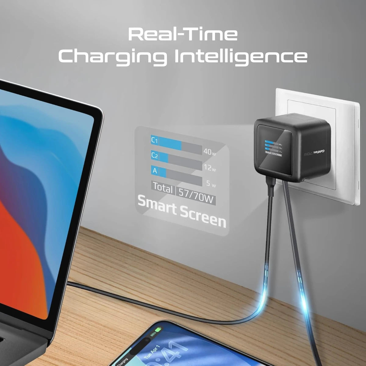 Promate Cubix-R70 GaN Wall Charger with Retractable USB-C Cable 70W - Black