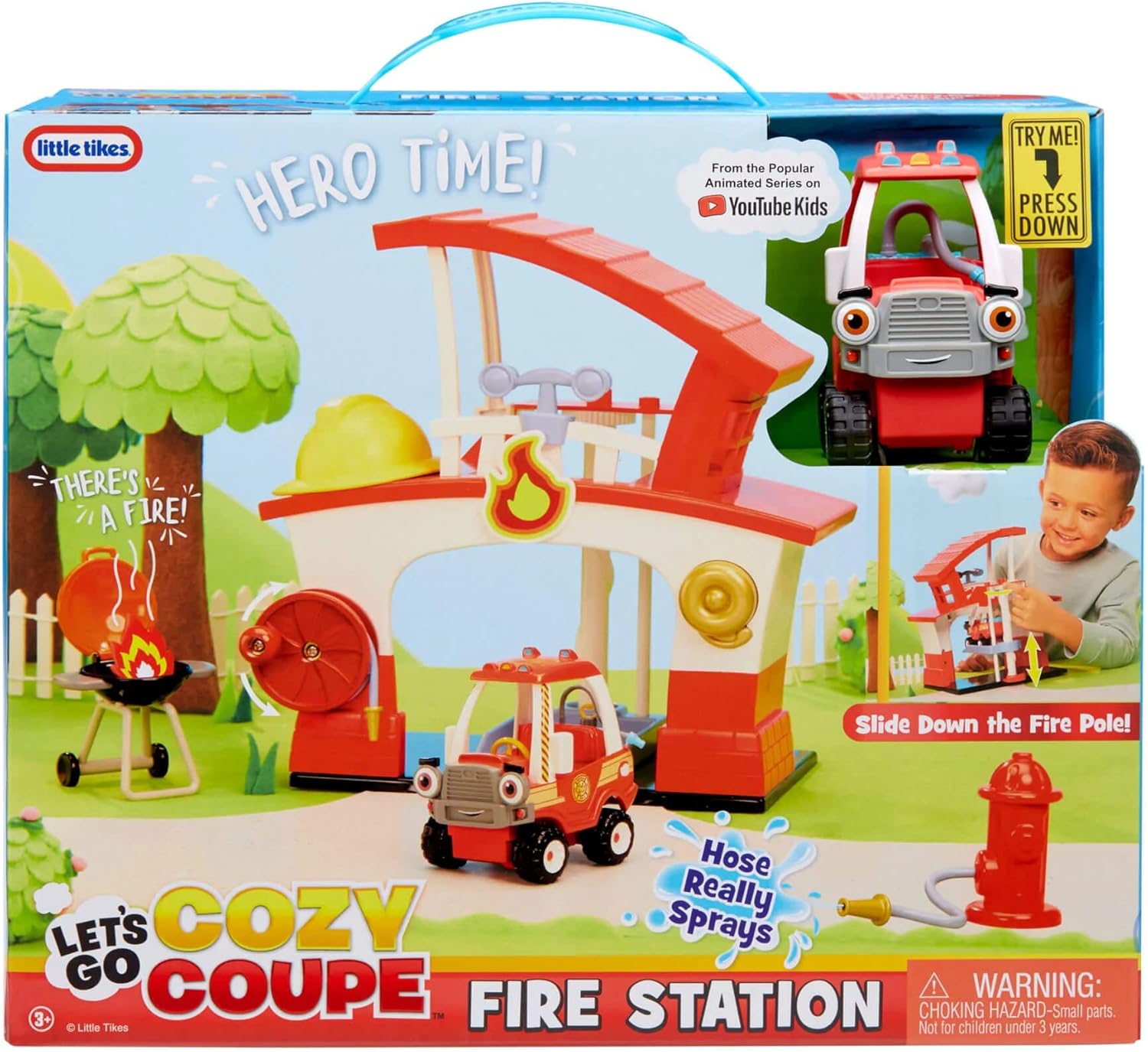 Little Tikes Let’s Go Cozy Coupe Fire Station Playset For Tabletop & Floor Play - Includes Cozy Fire Truck, Rescue Hat, Barbecue Grill & Fire Hydrant