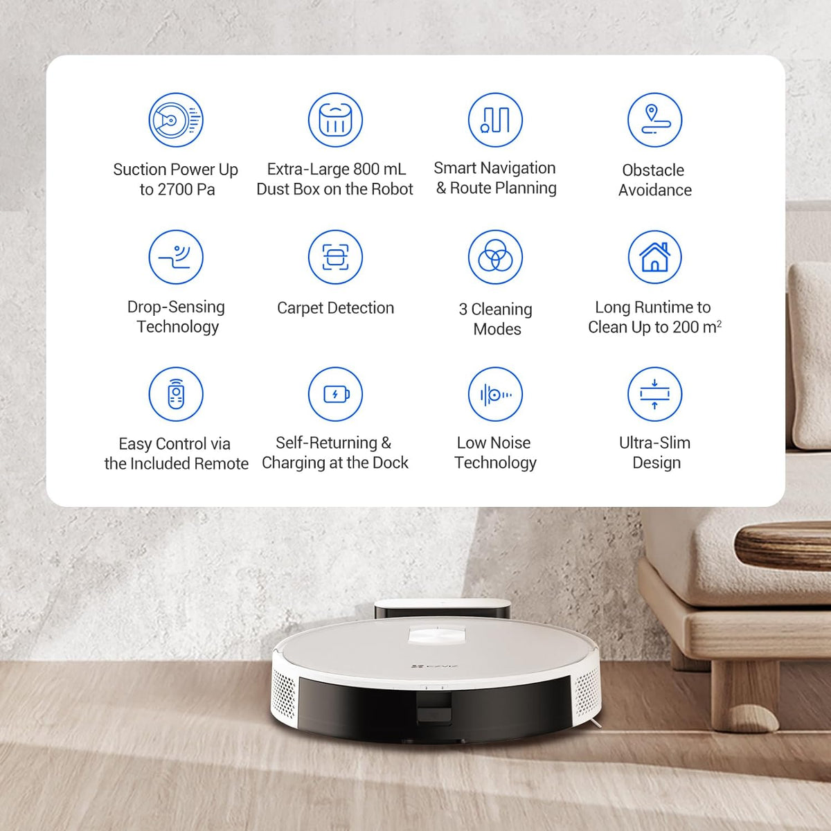 EZVIZ Robot Vacuum Cleaner with 2700 Pa Suction Power Self-Charging Vacuum Cleaner Robot with 800 ml Dust Bag EZVIZ Robot Vacuum Cleaner with 2700 Pa Suction Power Self-Charging Vacuum Cleaner Robot with 800 ml Dust Bag