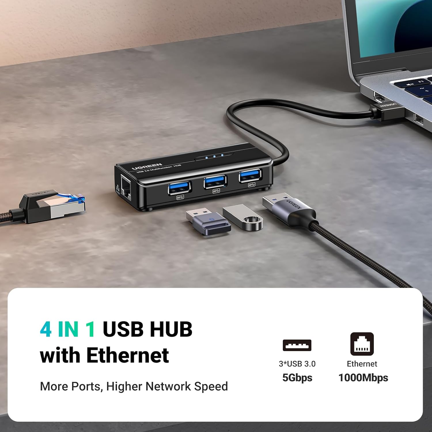 UGREEN USB 3.0 Hub with Gigabit Ethernet Adapter – 3 USB Ports + LAN