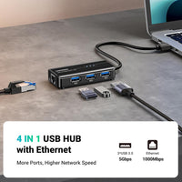 UGREEN Hub USB 3.0 مع منفذ إيثرنت جيجابت و3 منافذ USB - متوافق مع Mac وPC