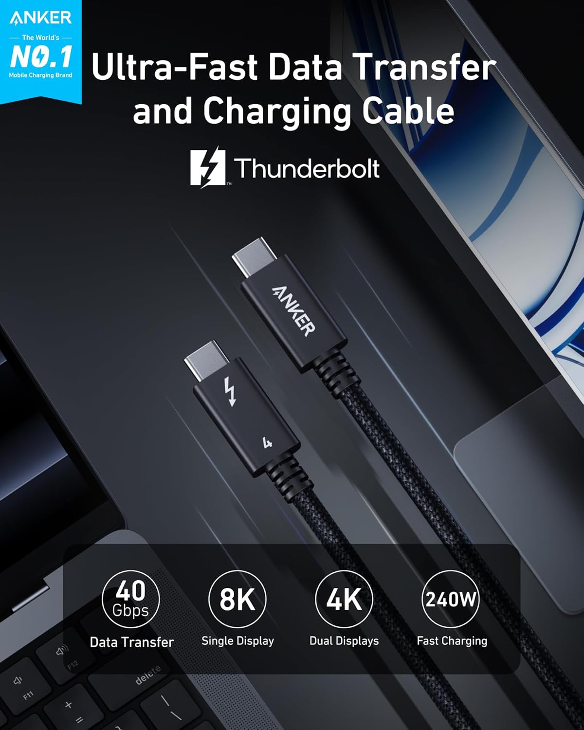 Anker Thunderbolt 4 Cable Ultra (3.3 ft/ 240W/ 40 Gbps/ Braided)