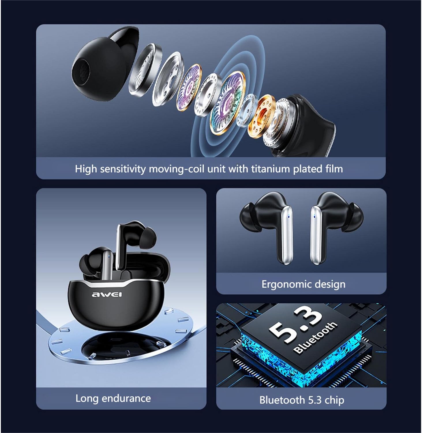 Awei TWS Wireless Bluetooth Earphones Sport Earbuds - Black