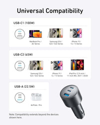 شاحن سيارة أنكر 167.5 واط بثلاثة منافذ USB-C – 100 واط + 45 واط + 22.5 واط