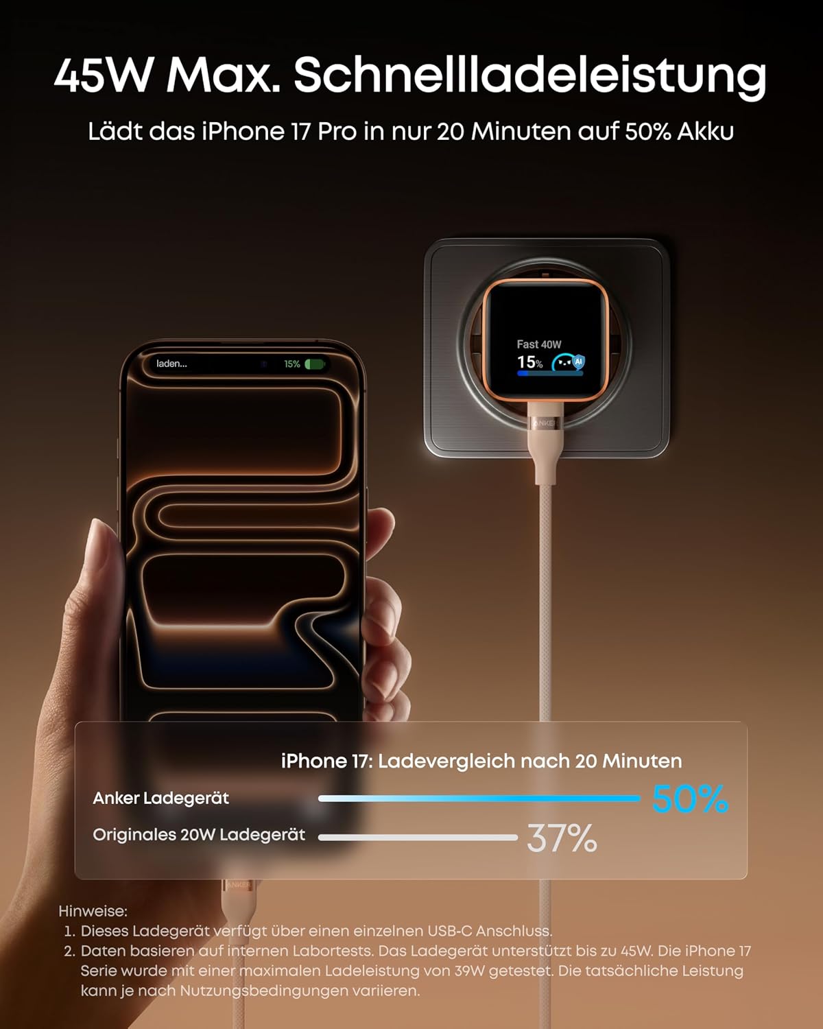 Anker Nano 45W USB-C Charger with Smart Display, GaN Fast Charger for iPhone 17/16/15, iPad, MacBook