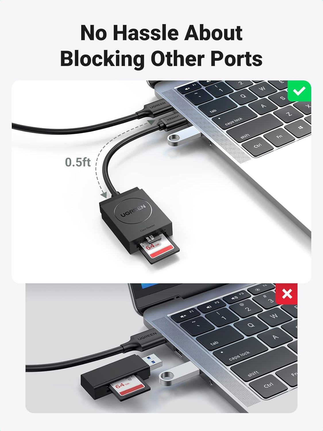 UGREEN قارئ كروت USB 3.0 مزدوج بسلك 6 إنش – يدعم حتى 2TB