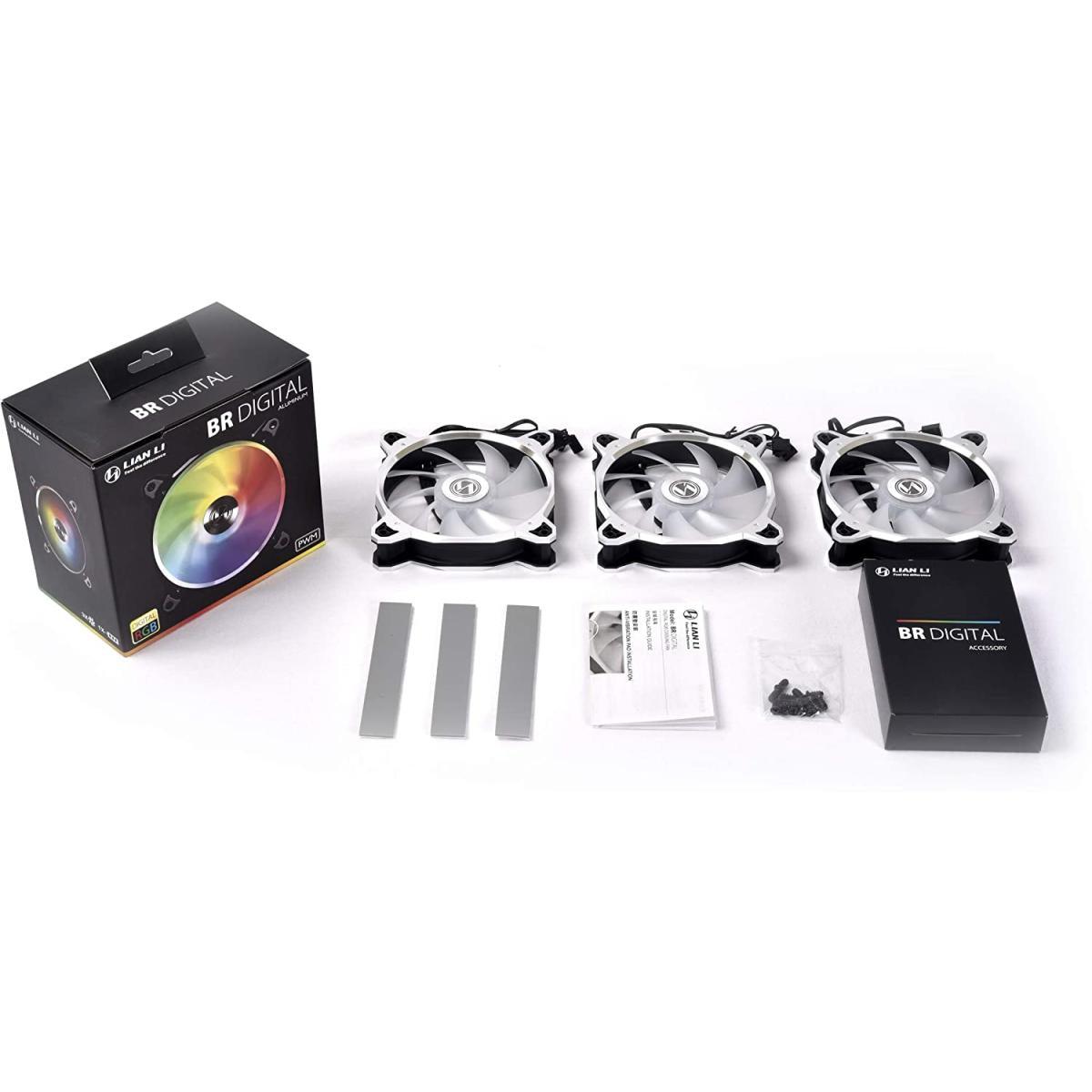 LIAN LI Bora Digital Series RGB 120mm ARGB LED PWM Fan, 3 Fans Pack - (Silver Or Black Or Space Grey Colors) Frame