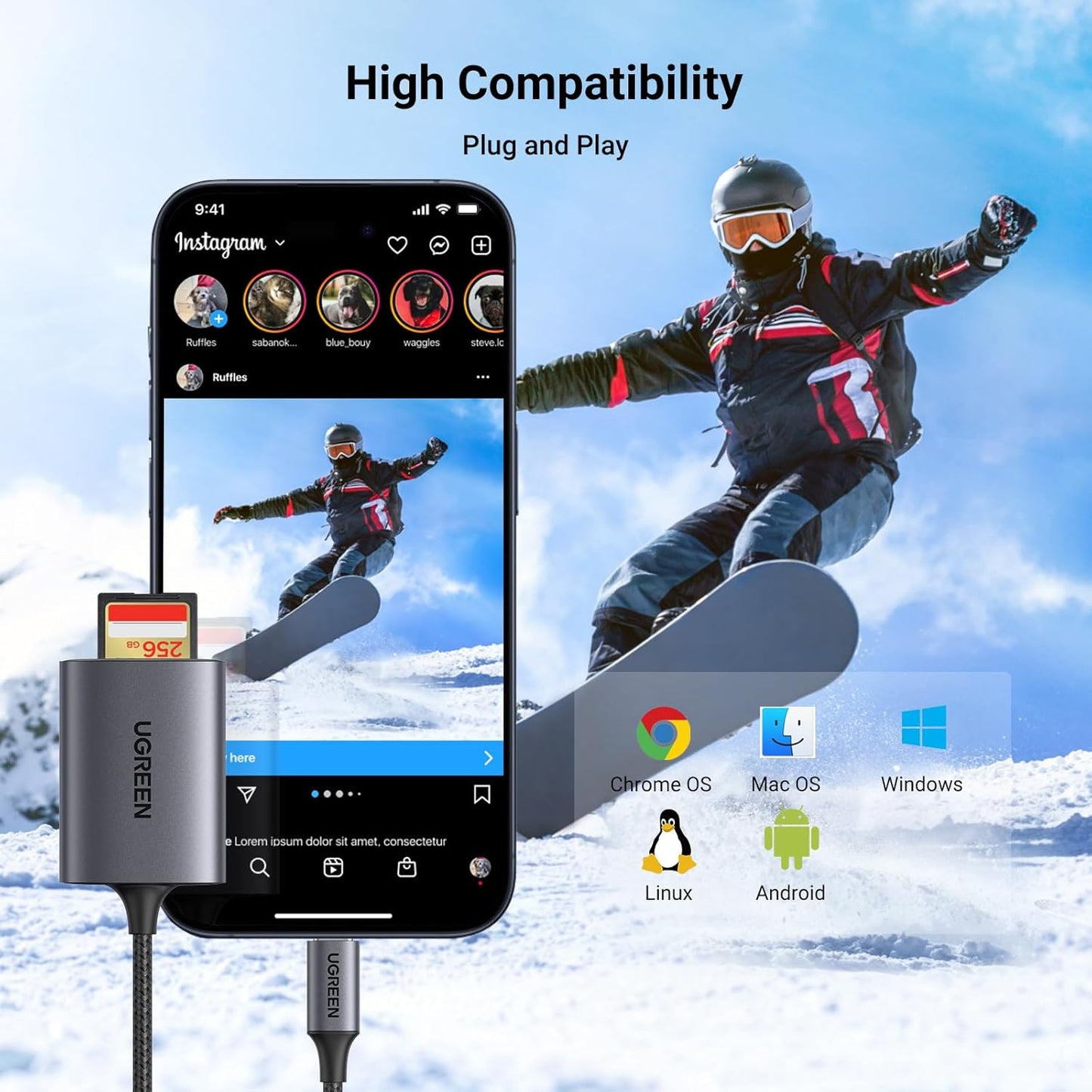 UGREEN USB-C SD Card Reader – Dual Slot, 5Gbps Speed.