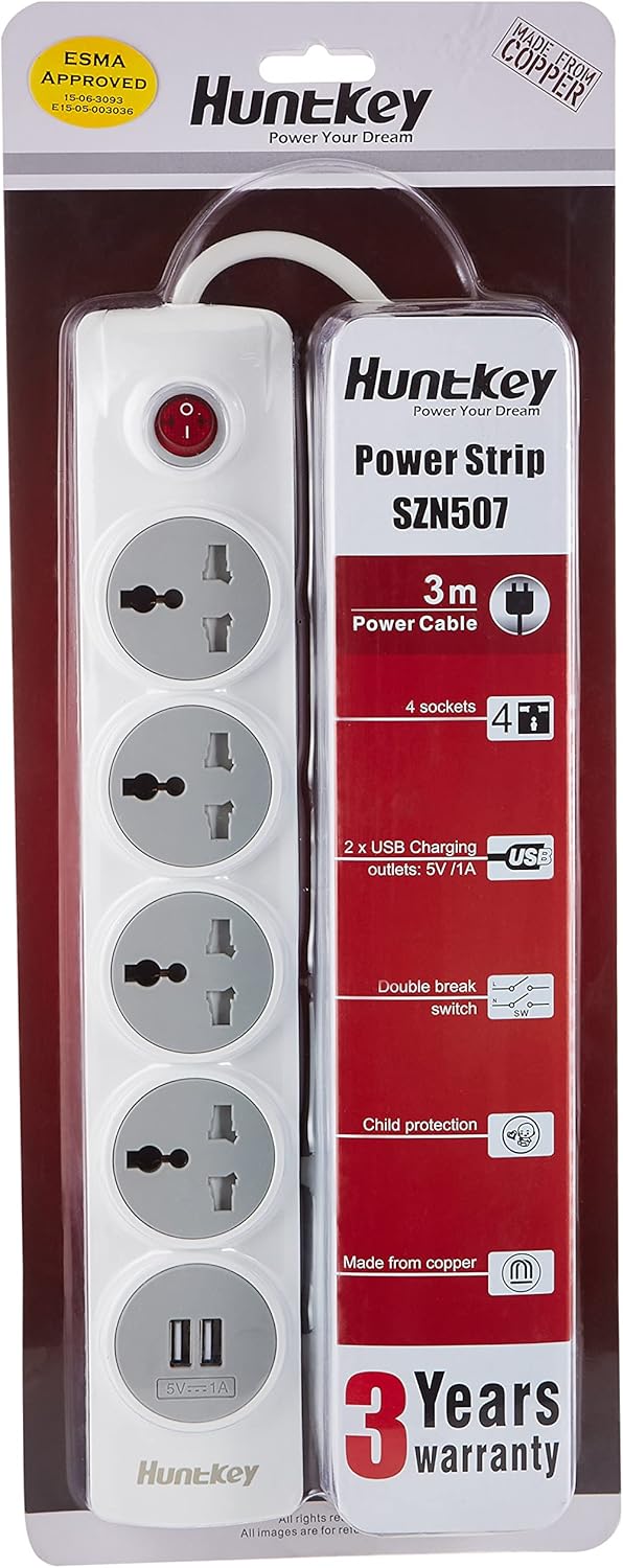 Huntkey 4 Outlets, 2 USB Ports, 3m Cable, ESMA Approved