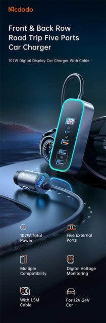 Mcdodo 107W Five Ports Digital Display Car Charger -Metallic gray