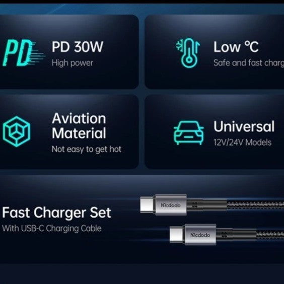 شاحن سيارة مكدودو 30 وات مع كابل سي إلى سي شحن سريع - أسود