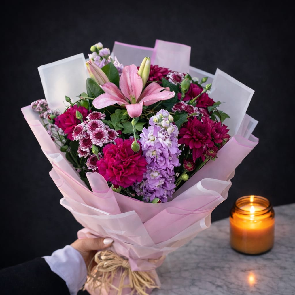 Mixed flower bouquet 15 - pink lily, magenta carnations and lavender stock wrapped in blush pink tissue paper