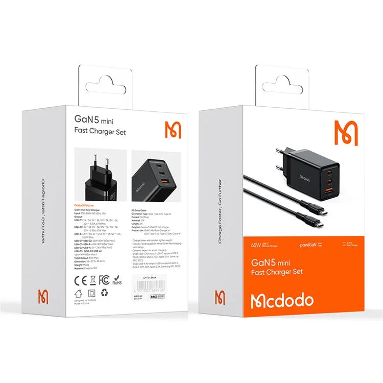 Mcdodo GaN 5 Mini 65W Fast Charger & C to C Cable - Black Mcdodo GaN 5 Mini 65W Fast Charger & C to C Cable - Black